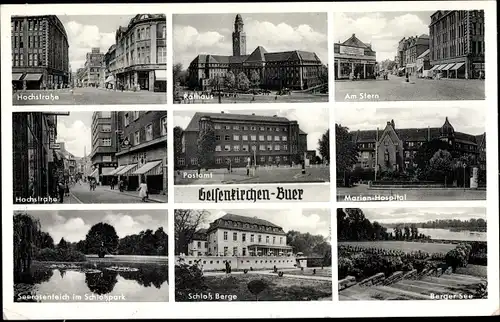 Ak Buer Gelsenkirchen im Ruhrgebiet, Schloss Berge, Rathaus, Marienhospital, Hochstraße