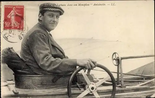 Ak Aviation, Aviateur M. Hubert Latham dans son Monoplan Antoinette