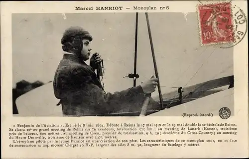 Ak Marcel Hanriot, Monoplan no. 5, Flugpionier