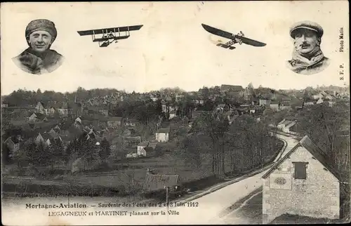 Ak Mortagne Avation, Souvenir des Fetes de 1912, Legagneux et Martinet planant sur la Ville