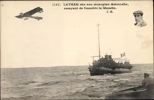 Ak Latham sur son monoplan Antoinette, essayant de franchir la Manche