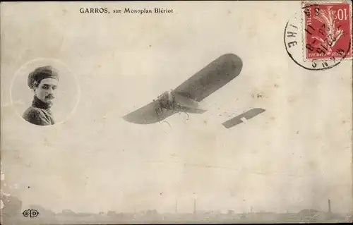 Ak Garros sur Monoplan Bleriot, Flugzeug, Flugpionier