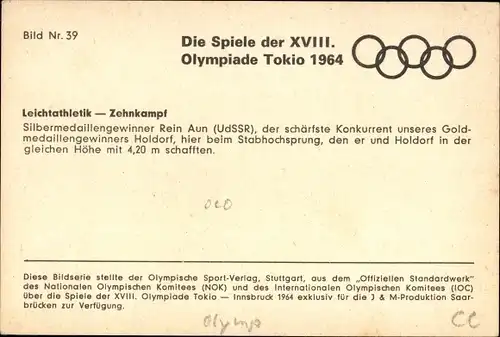 Ak XVIII. Olympische Spiele Tokio 1964, Leichtathletik, Zehnkampf, Rein Aun beim Stabhochsprung