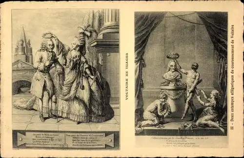 Ak Voltaire en Images, Deux estampes allegoriques du couronnement de Voltaire