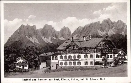 Ak Ellmau in Tirol, Gasthof und Pension zur Post, Bergpanorama