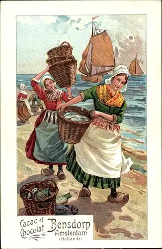 Ak Cacao Bensdorp Amsterdam, Frauen tragen Körbe mit Fischen
