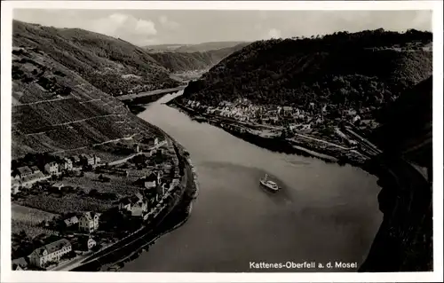 Ak Kattenes Löf an der Mosel, Oberfell, Talpanorama m. Moselpartie, Dampfer, Eisenbahngleise