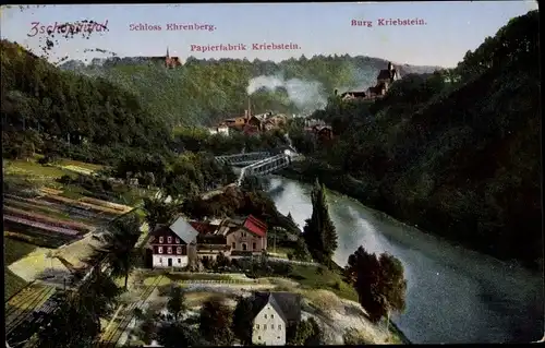 Ak Kriebstein Mittelsachsen, Schloss Ehrenberg, Papierfabrik, Burg, Flusspartie