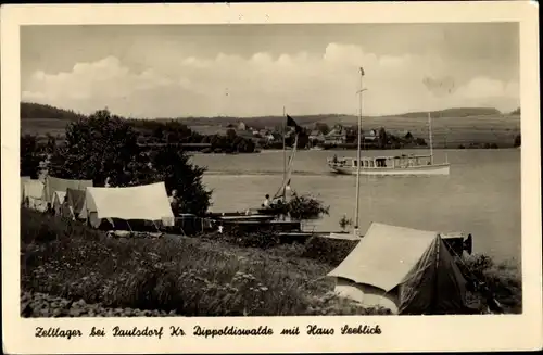 Ak Paulsdorf Dippoldiswalde im Osterzgebirge, Zeltlager, Haus Seeblick, Boot