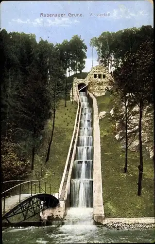 Ak Rabenau im Erzgebirge, Rabenauer Grund, Wasserfall, Brückenpartie