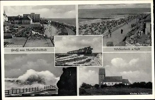 Ak Westerland auf Sylt, Kurpromenade, Strand, Kirche in Keitum, Sturmflut, Hindenburgdamm