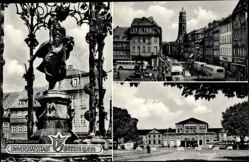 Ak Göttingen in Niedersachsen, Weender Straße, Bahnhof, Gänseliesel