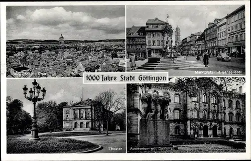 Ak Göttingen in Niedersachsen, Blick auf Stadt, Markt, Gänseliesel  Theater, Auditorium m. Denkmal