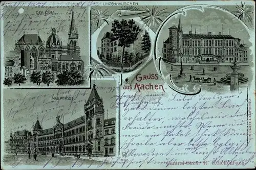 Mondschein Litho Aachen in Nordrhein Westfalen, Linzenhäuschen, Hauptpost, Dom