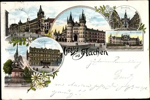 Litho Aachen in Nordrhein Westfalen, Post, Kaiserbad, Kaserne, Kriegerdenkmal, Kirche, Justizgebäude