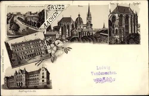Litho Aachen in Nordrhein Westfalen, Dom, Kaiserbad, Elisenbrunnen, Justizgebäude