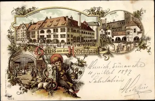 Litho München, Hofbräuhaus, Schenke, Münchner Kindl mit Bierkrug