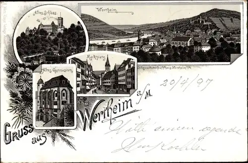 Litho Wertheim am Main, Panorama, Altes Schloss, Marktplatz, Altes Gymnasium