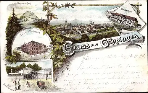 Litho Göppingen in Württemberg, Hohenstaufen, Latein und Realschule, Sauerbrunnen, Krankenhaus