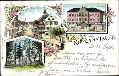 Litho Kippenheim in Baden, Stulz'sches Denkmal, Rathaus, Schule