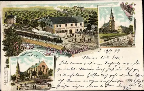 Litho Bärenwalde Crinitzberg in Sachsen, Kirche, Schule, Pfarrhaus, Gasthaus, Geschäftshaus