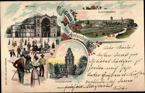 Litho Karlsruhe in Baden, Festhalle, Friedrichsplatz, Schlossturm