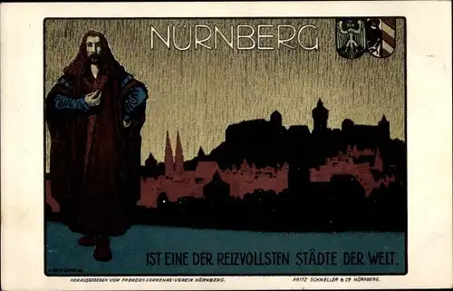 Künstler Ak Nürnberg in Mittelfranken, Silhouette der Stadt, Wappen, Albrecht Dürer