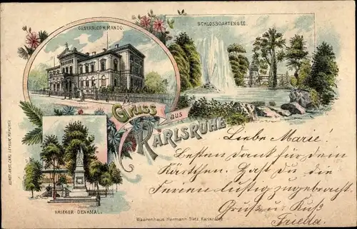 Litho Karlsruhe in Baden, Generalkommando, Schlossgartensee, Kriegerdenkmal