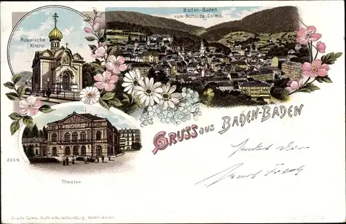 Litho Baden Baden am Schwarzwald, Russische Kirche, Theater, Panorama von Schloss Solms aus