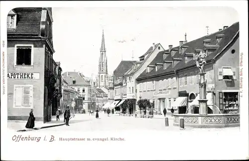 Ak Offenburg in Baden Schwarzwald, Hauptstraße, evangelische Kirche, Apotheke, Brunnen