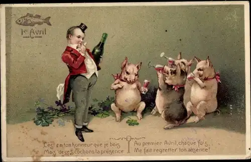 Präge Litho Glückwunsch April, 1er Avril, vermenschlichte Schweine trinken Wein