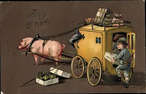 Präge Litho Glückwunsch Neujahr, Schwein zieht Postkutsche, Kleeblätter