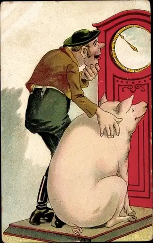 Ak Bauer mit Schwein auf einer Waage