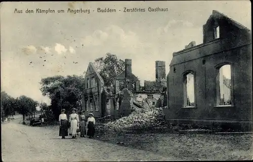 Ak Buddern Węgorzewo Angerburg Ostpreußen, Zerstörtes Gasthaus, Kriegszerstörungen, I WK