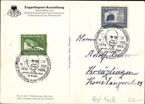 Künstler Ak Emerich, Porträt Graf von Zeppelin, Uniform, Orden, Zeppelinpost Ausstellung 1938