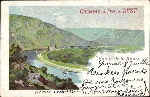 Künstler Litho Vosges, Chemins de Fer de l'Est, Vallee de la Meuse, Landschaft, Eisenbahn