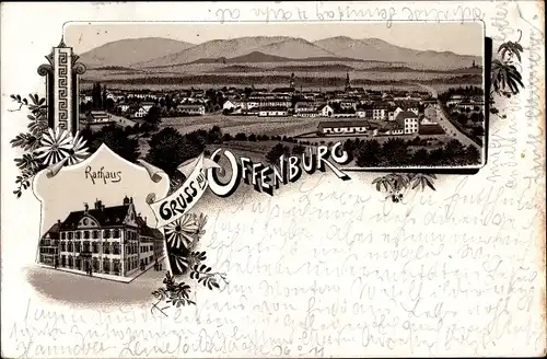 Litho Offenburg in Baden Schwarzwald, Rathaus, Blick auf den Ort