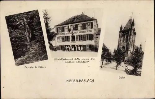 Ak Niederhaslach Elsass Bas Rhin, Hotel Restaurant de la pomme d'or, Eglise, Cascade de Nideck