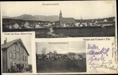 Ak Urmatt Elsass Bas Rhin, Hotel zur Post, Gartenwirtschaft, Totalansicht