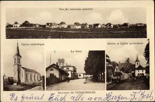 Ak Vendenheim Bas Rhin, Mairie, Eglise, la Gare, nouveau quartier