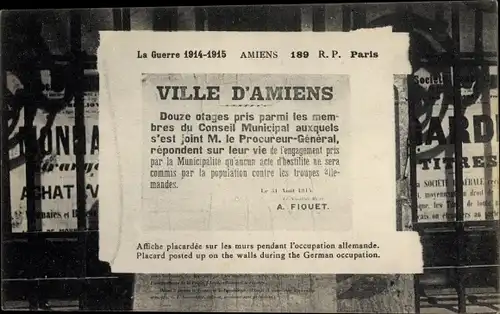 Ak Amiens Somme, La Guerre 1914-1915, pendant l'occupation allemande, Affiche, A. Fiquet