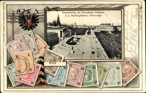 Briefmarken Ak Wien I. Innere Stadt, Franzensring, Parlament, K. k. Hofburgtheater, Wappen