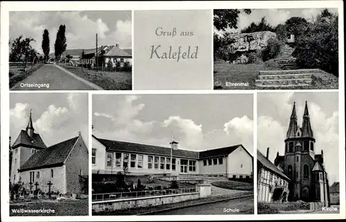 Ak Kalefeld am Harz, Ortseingang, Weißwasserkirche, Schule, Kirche, Ehrenmal