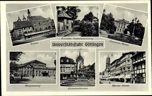 Ak Göttingen in Niedersachsen, Hauptbahnhof, Rathaus, Deutsches Theater, Bismarcks Studentenwohnung