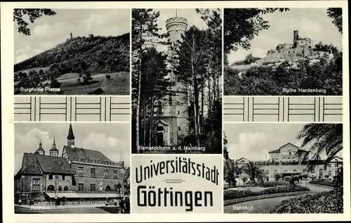 Ak Göttingen in Niedersachsen, Burgruine Pless, Ruine Hardenberg, Bismarckturm, Rathaus, Bahnhof