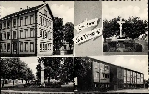 Ak Schifferstadt Pfalz, Wegkreuz, Gnadenstatue, Schule