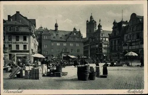 Ak Darmstadt, Blick auf den Marktplatz, Marktstand