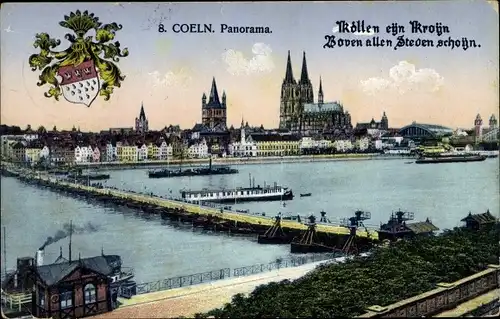 Ak Köln, Panorama, Brücke, Dampfer, Uferpartie