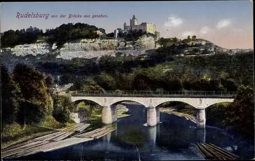 Ak Bad Kösen Naumburg an der Saale, Rudelsburg von der Brücke aus gesehen