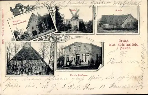 Ak Schmalfeld in Holstein, Gastwirtschaft Wöbke, Mühle, Schule, Gehöft, Harms Kaufhaus